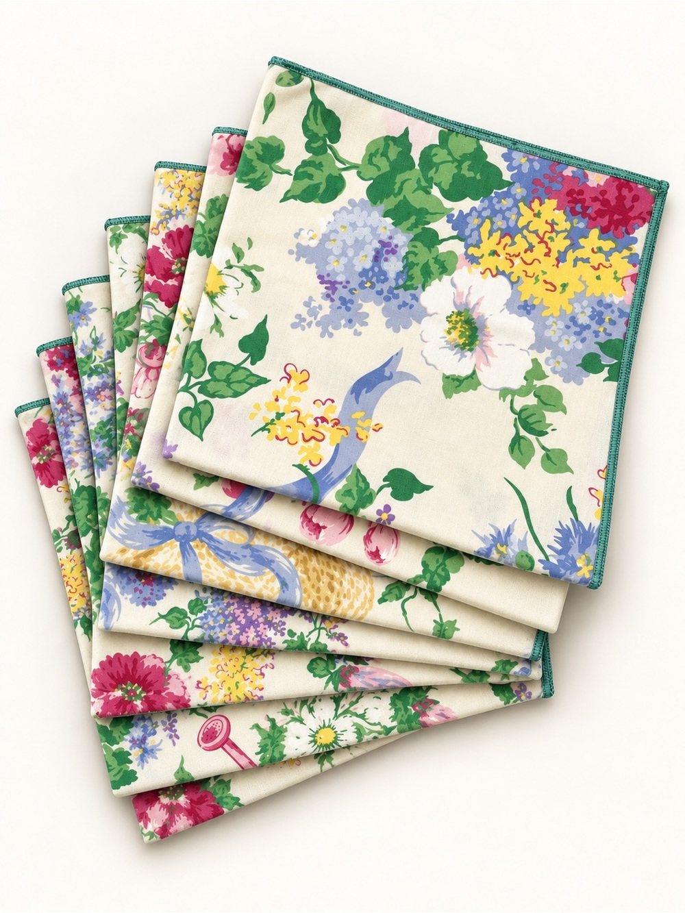 Vintage Handmade Floral Cloth Napkins Set of 7 Cotton 16” Cottage Table Linens